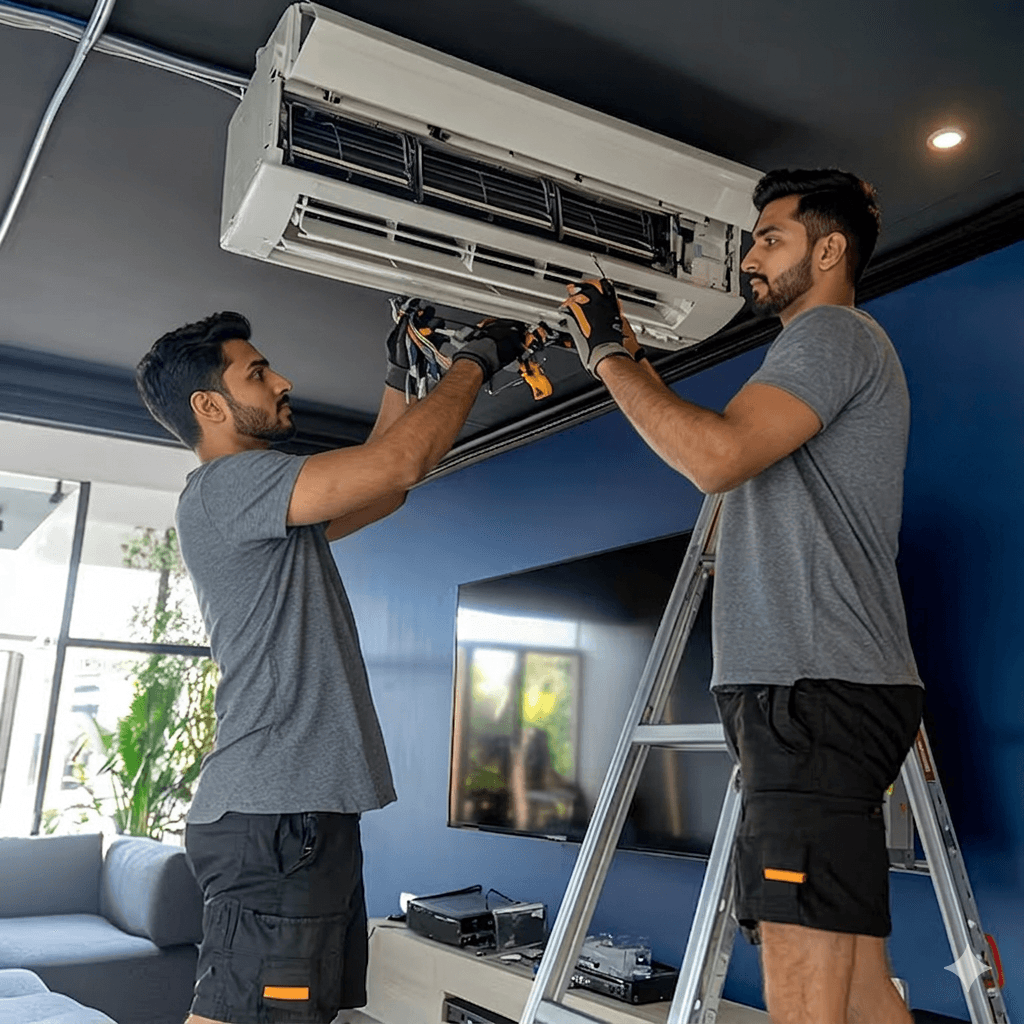 Team installing ceiling AC unit