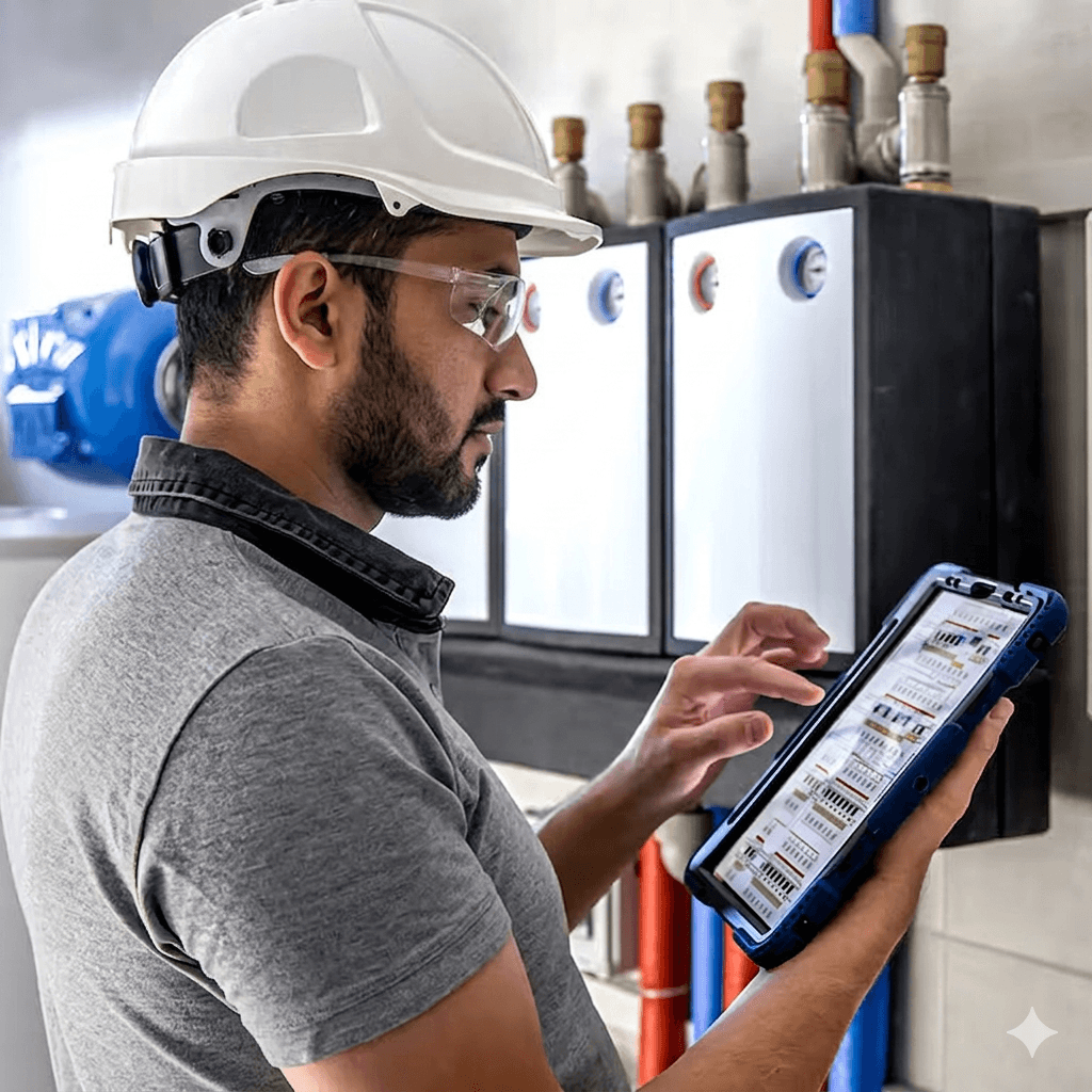 Technician inspecting AC system